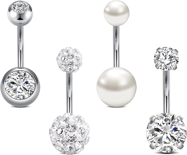 Rajnard Belly Bar 14G 6/8/10/12/14mm Belly Button Bars Surgical Steel CZ Pearl Diamond Belly Piercing Navel Bar Belly Button Ring Piercing Jewelry for Women Men