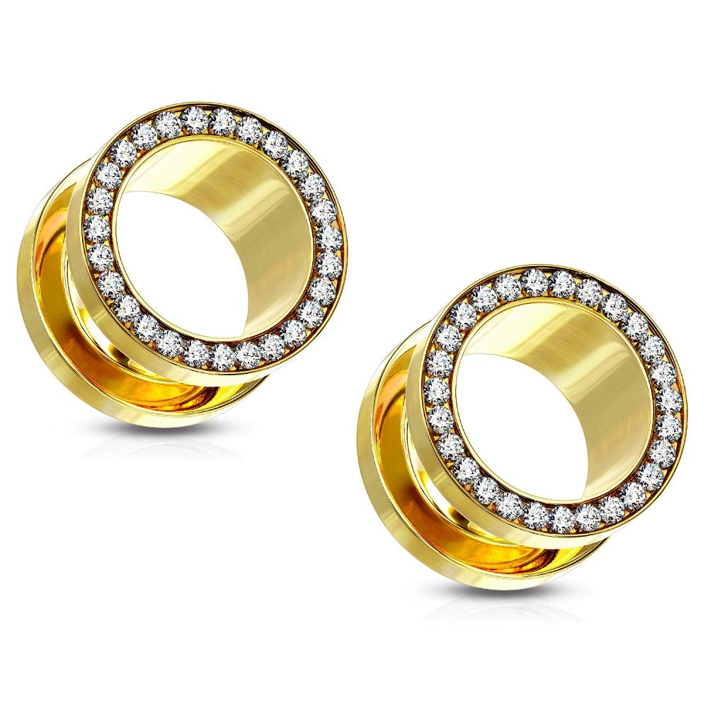 Stainless Steel CZ Crystal Lined Rim Screw Fit Tunnel Plug Gauges, Sold As Pair-image-40