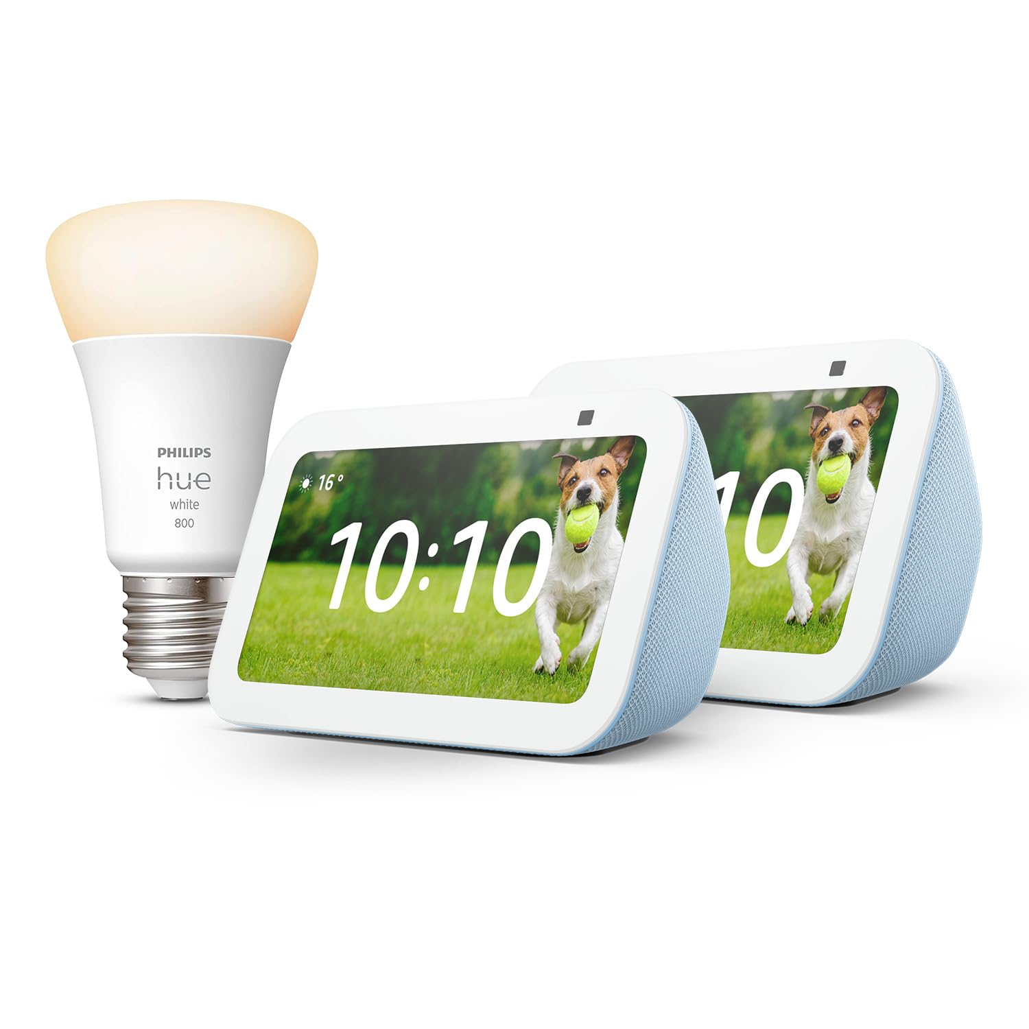 Echo Show 5 (3.ª generación) | Gris azulado, pack de 2 + Philips Hue White Bombilla Inteligente (E27), compatible con Alexa - Kit de inicio de Hogar digital