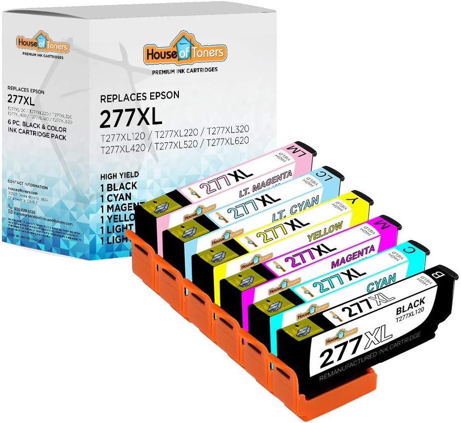 Houseoftoners Remanufactured for Epson 277XL Ink Cartridge High Yield Replacement for Epson 277XL Expression XP-850 XP-860 XP-950 XP-960 XP-970 (1B/1C/1M/1Y/1-Lt. Cyan/1-Lt. Magenta, 6PK)