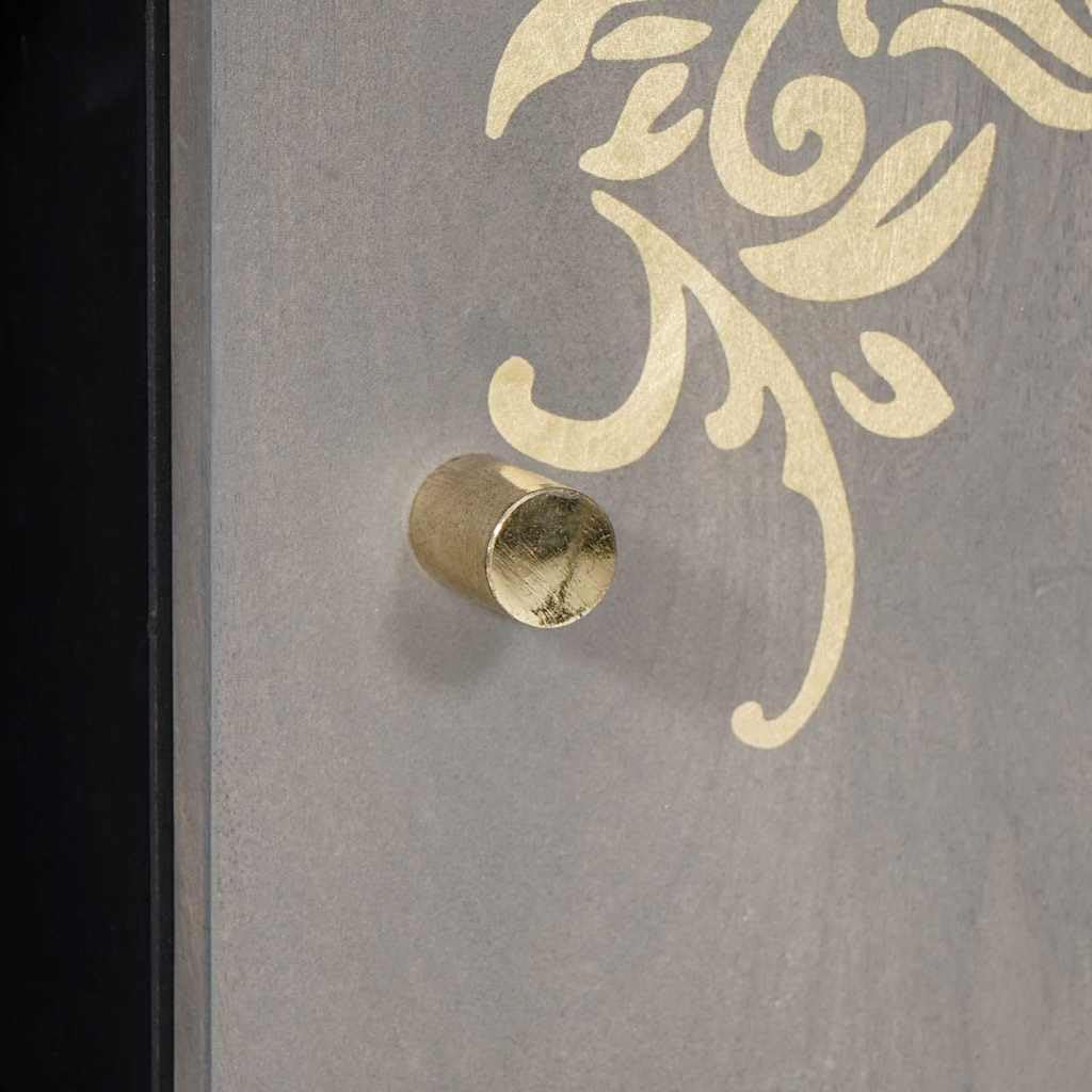 Credenza grigio e oro in legno massello mango 90 x 33 x 75 cm con pomelli in ottone e design serigrafato, vano portaoggetti con 2 ante a cerniera per soggiorno, media, hifi e stoccaggio