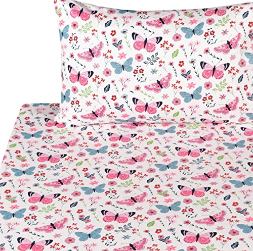 Scientific Sleep Butterfly Pink Flower 100% Cotton Cozy Fun Twin Bed Sheet Set, Flat Sheet & Fitted Sheet & Pillowcase Boys Girls Bedding Set #TOP1