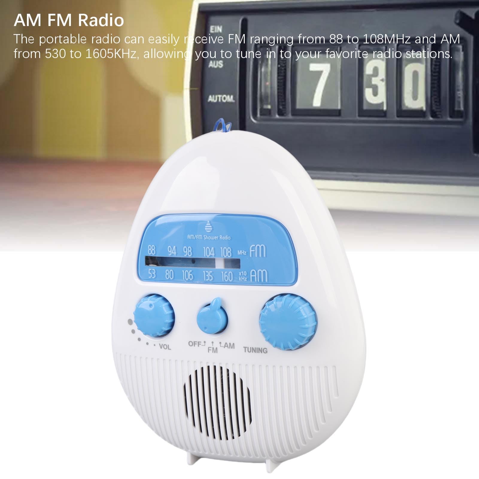 AM FM Shower Radio Wbudowany Głośnik, Wodoodporne Wiszące Radio łazienkowe z Obrotowym Pokrętłem dla łatwej Kontroli Objętości Tuningu, Mini Przenośne Radio z Akumulatorem