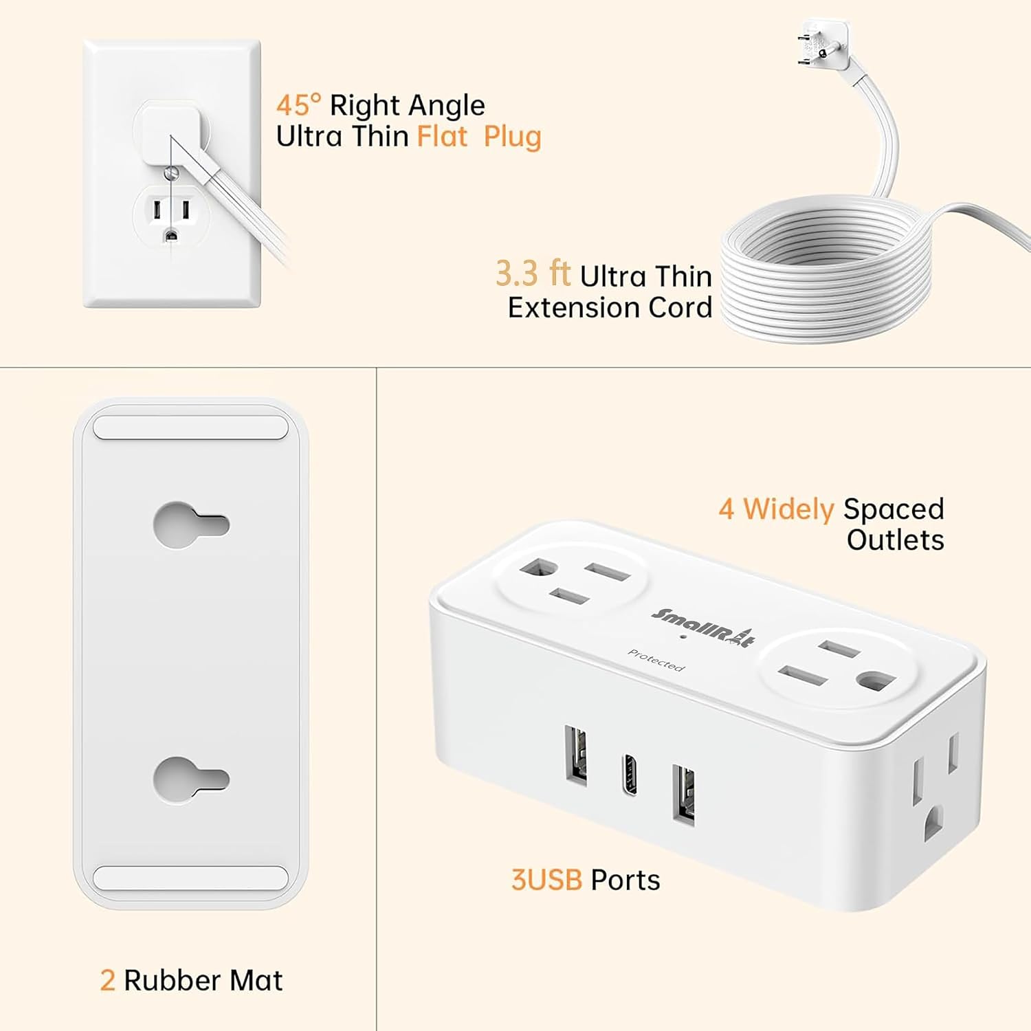 SMALLRT 2 Pcs 3.3FT Flat Plug Extension Cord Indoor,Power Strip with USB C