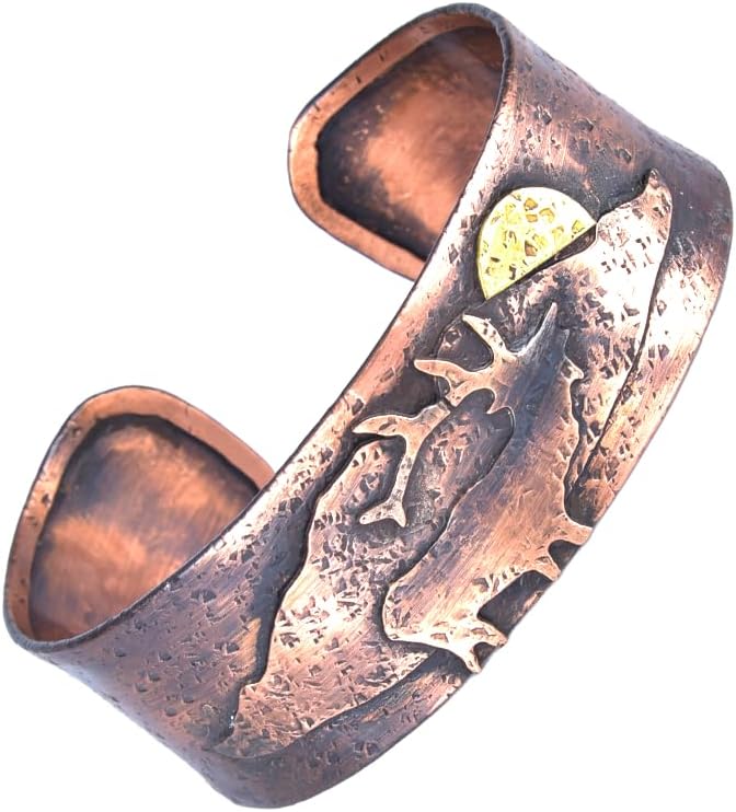 Copper Bracelet for Men & Women – Adult Handmade Pure Copper Cuff Bracelet, Adjustable Open Cuff Jewelry with Elk & Mountain Wildlife Engraving, Golden Moon Accent, Rustic Artisan Design Vintage Fashion Gift