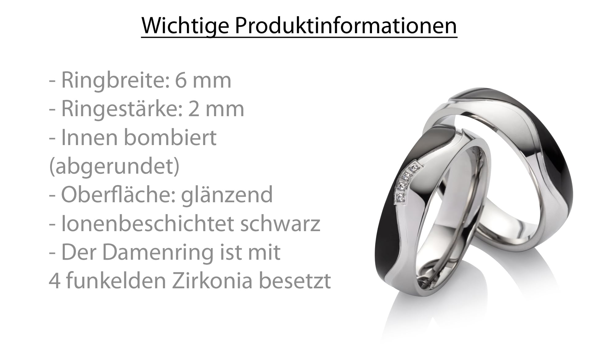 Paar Partnerringe & Eheringe aus Edelstahl – 6 mm Ringpaar schwarz beschichtet mit 4 Zirkonia, Trauringe für Sie und Ihn mit Gravur und Etui | 8014