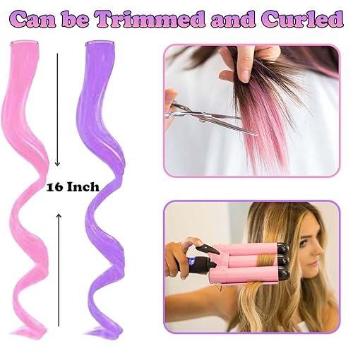 Miniatura 3 de Extensiones de cabello con clip de colores, 12 piezas para mujeres, niños y niñas, 16 pulgadas, ondulado, rizado, reflejos de fiesta (6 morado
