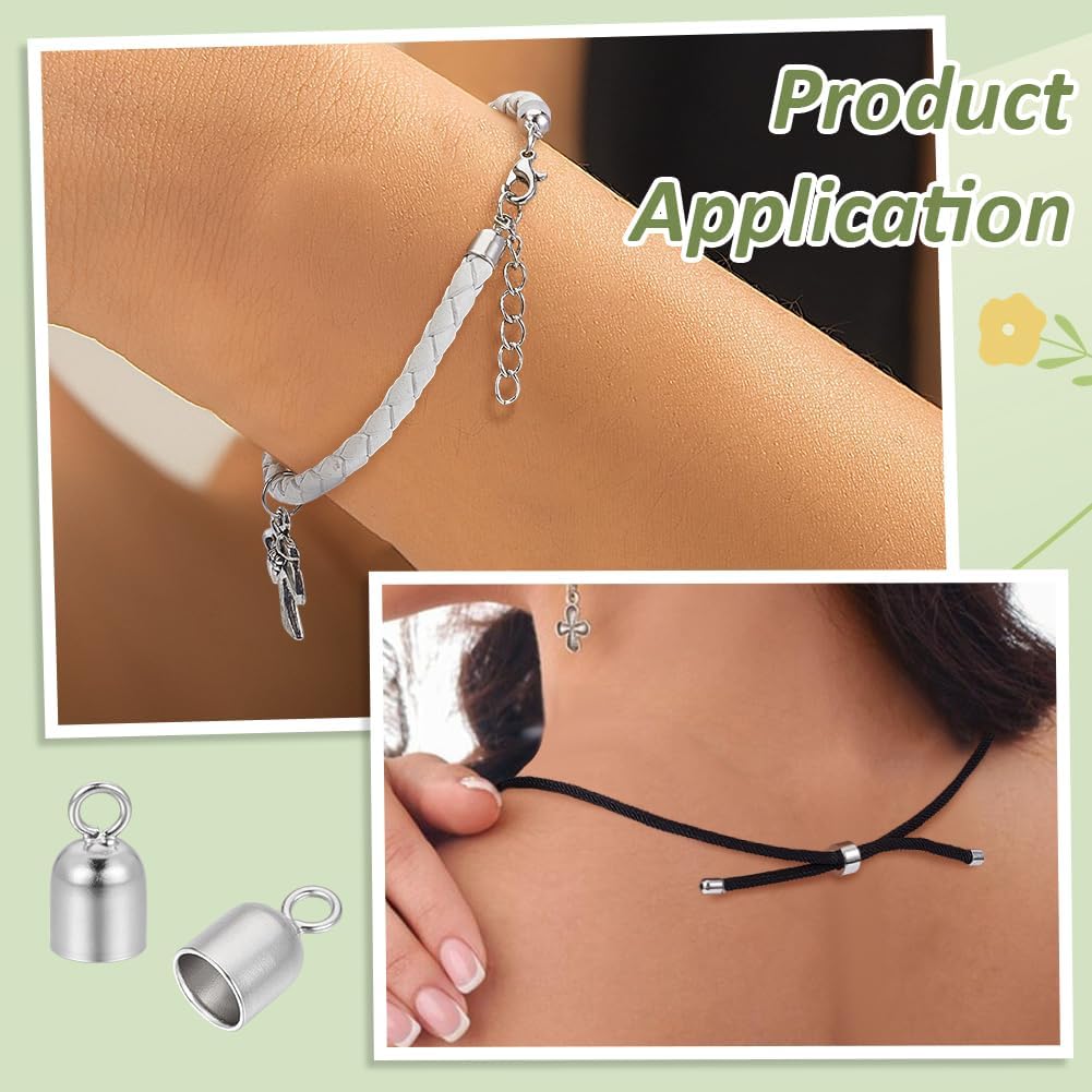 BENECREAT 6Pcs 925 Sterling Silver Cord End Caps Leather Cord Caps Jewelry Making Supplies Platinum Color with Polishing Cloth for Leather Bracelet and Necklace, 8.5x5mm