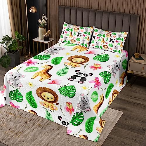 Feelyou Toddler Zoo Animal Bedspreads Twin Size Kids Cute Koala Panda Quilt Set Cartoon Lion Giraffe Coverlet for Boys Girls Teens Children Pink Flowers Green Leaves Jungle Quilted Bedspread 2Pcs