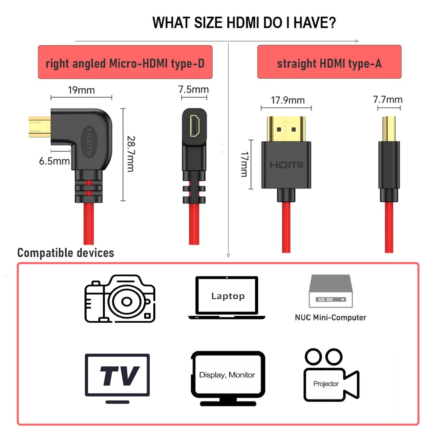 Micro-HDMI to HDMI 4K60 8K Flexible Cable for ATOMOS Ninja V Ultra, Sony ZV-E10 A7C A7R4 A6700, Canon R6II R5C R10, Lumix S5 S9 G100, Fujifilm X-T50, Black Braided Coiled 30cm