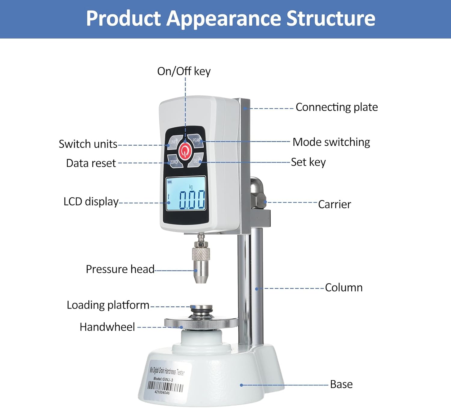 GWJ-3 Digital Grain Hardness Tester Meter Mini Grain Durometer for Seed Fodder Paddy Rice Cereal Maximum Load Value 20KG 196N Load Division Value 0.01kg 0.1N