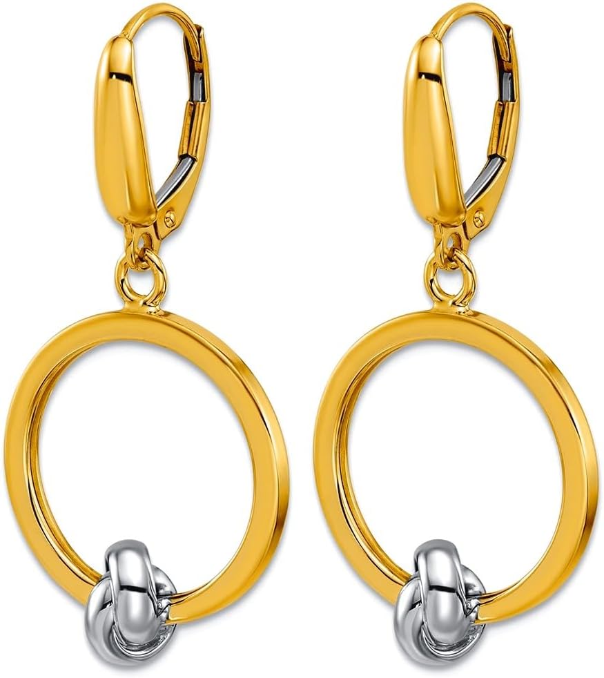 14k Solid Gold Two-tone Polished Knot Circle Leverback Long Drop Dangle Earrings 39.5x18.4mm Wide Dangle Earring for Women - Image 3