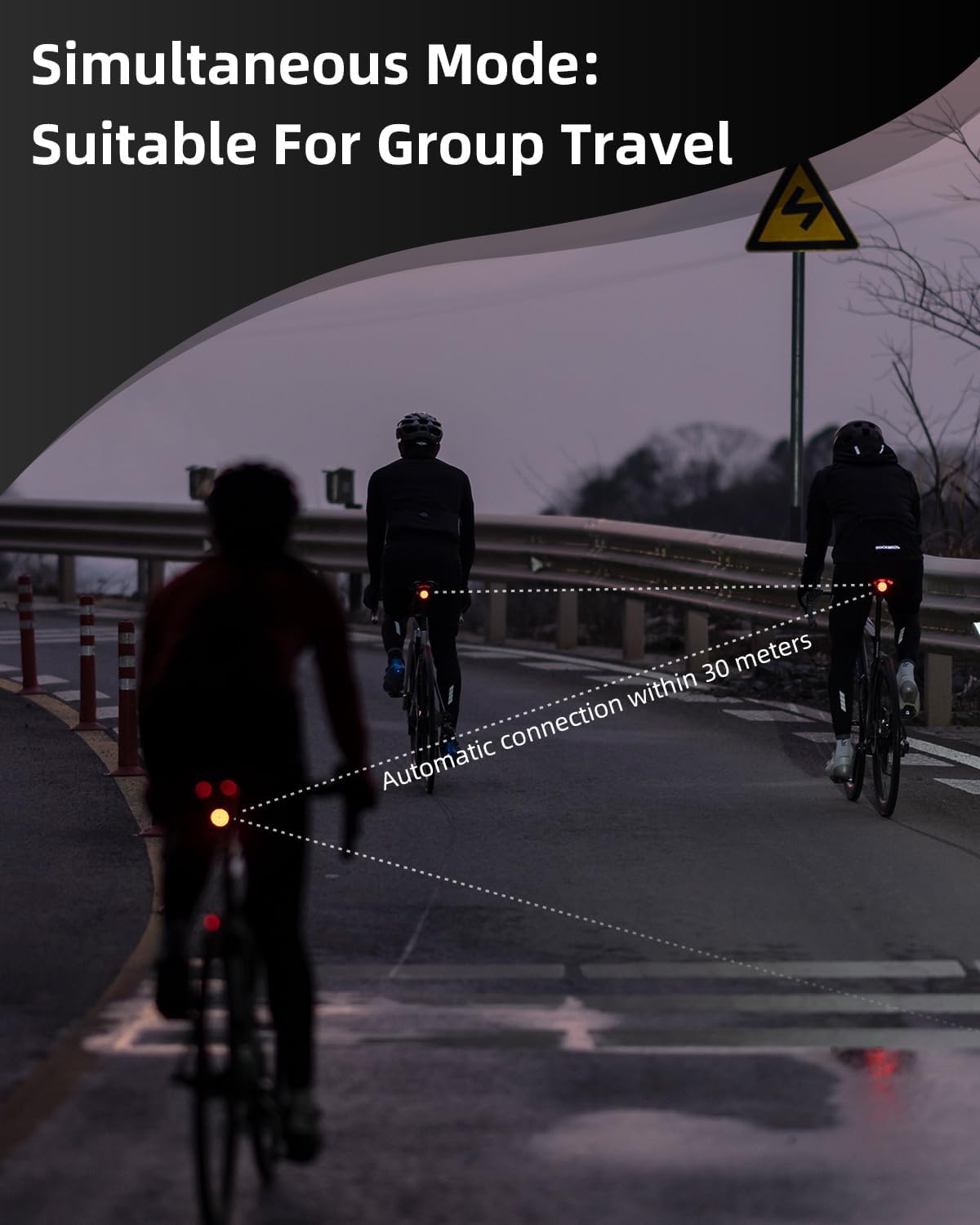 Cyclists riding with ROCKBROS Bike Tail Lights in synchronous mode