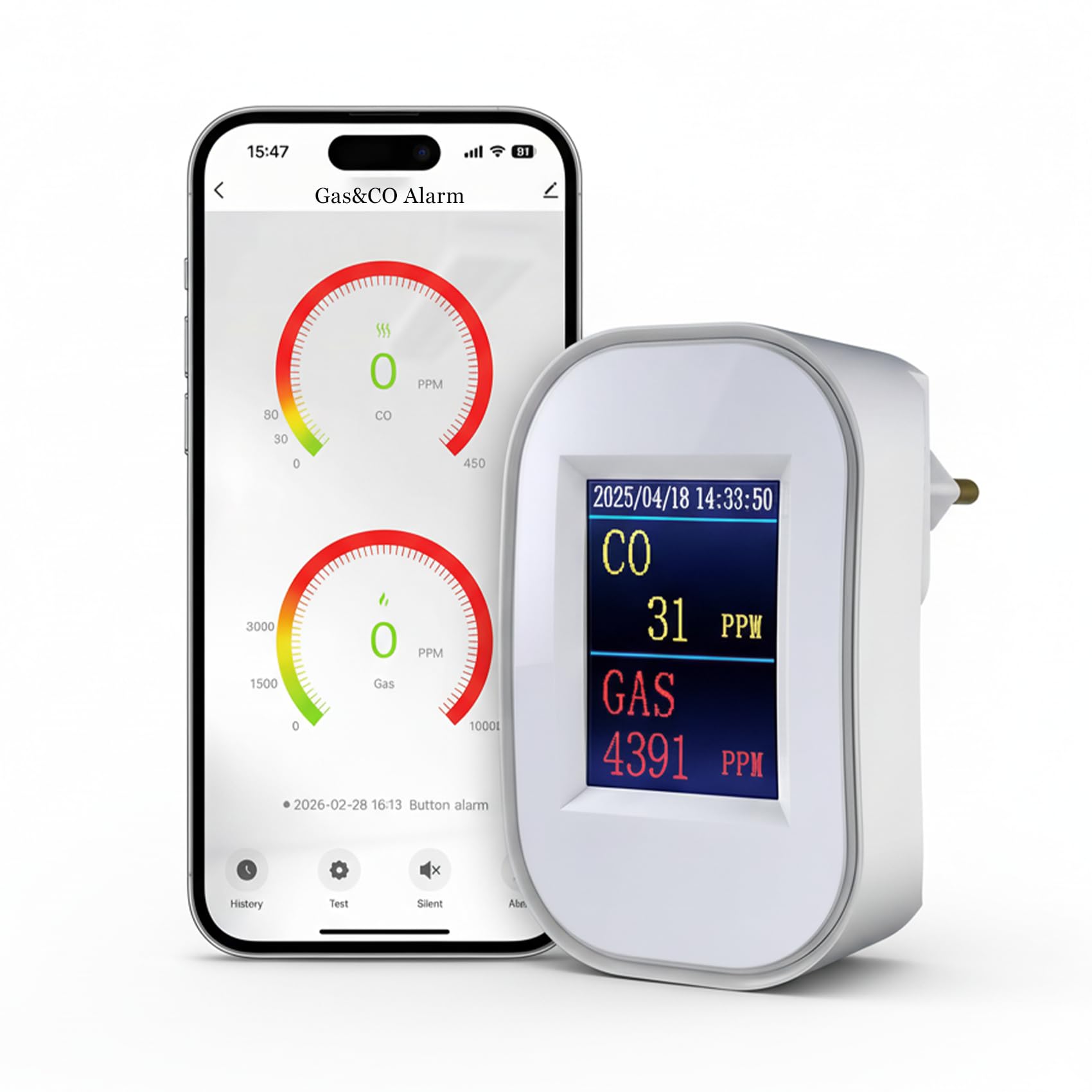 SINOTÉCA Rilevatore Gas e Monossido di Carbonio WiFi, 2 in 1 Metano/GPL/Propano, Display LED PPM, Notifiche App Tuya, Presa a Muro Senza Batteria, EN50291 EN50194, per Casa Cucina Garage Camper