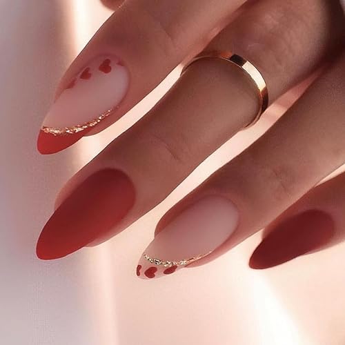 Red Press on Nails Medium Almond - WLGDLH Valentines Fake Nails Frosted False Nails Press Ons With Heart Lines Designs Nail Tips Full Cover Glue on Nails Acrylic Nail Kit for Women Manicure