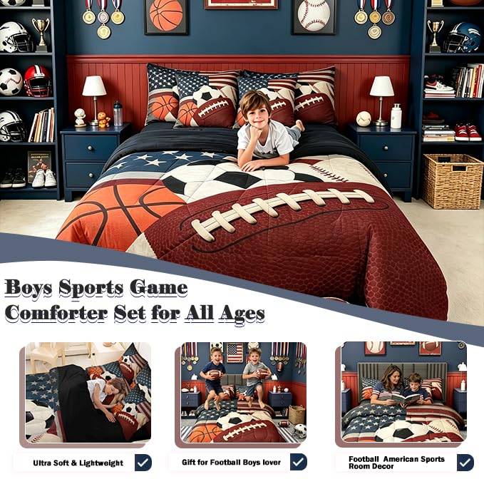 Image of Feelyou Boys Sports Comforter Set with Sheets 7 Piece Queen Size Football Baseball Soocer Basketball Bed in a Bag Kids Boys Girls American Flag Bedding Set Bedroom Decor Breathable Soft Microfiber