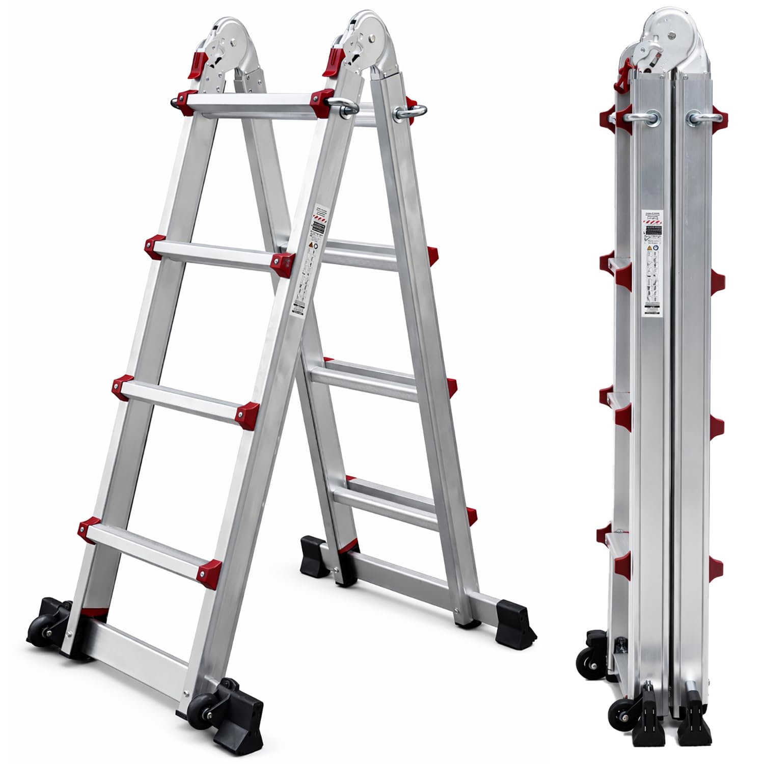 UZIRO Telescopic Folding Ladder Aluminium 4 x 4 Multi-Position Extendable 2.41 m 4 Steps Supports up to 150 kg Folding and Compact with Stabilizer Bar and Wheels
