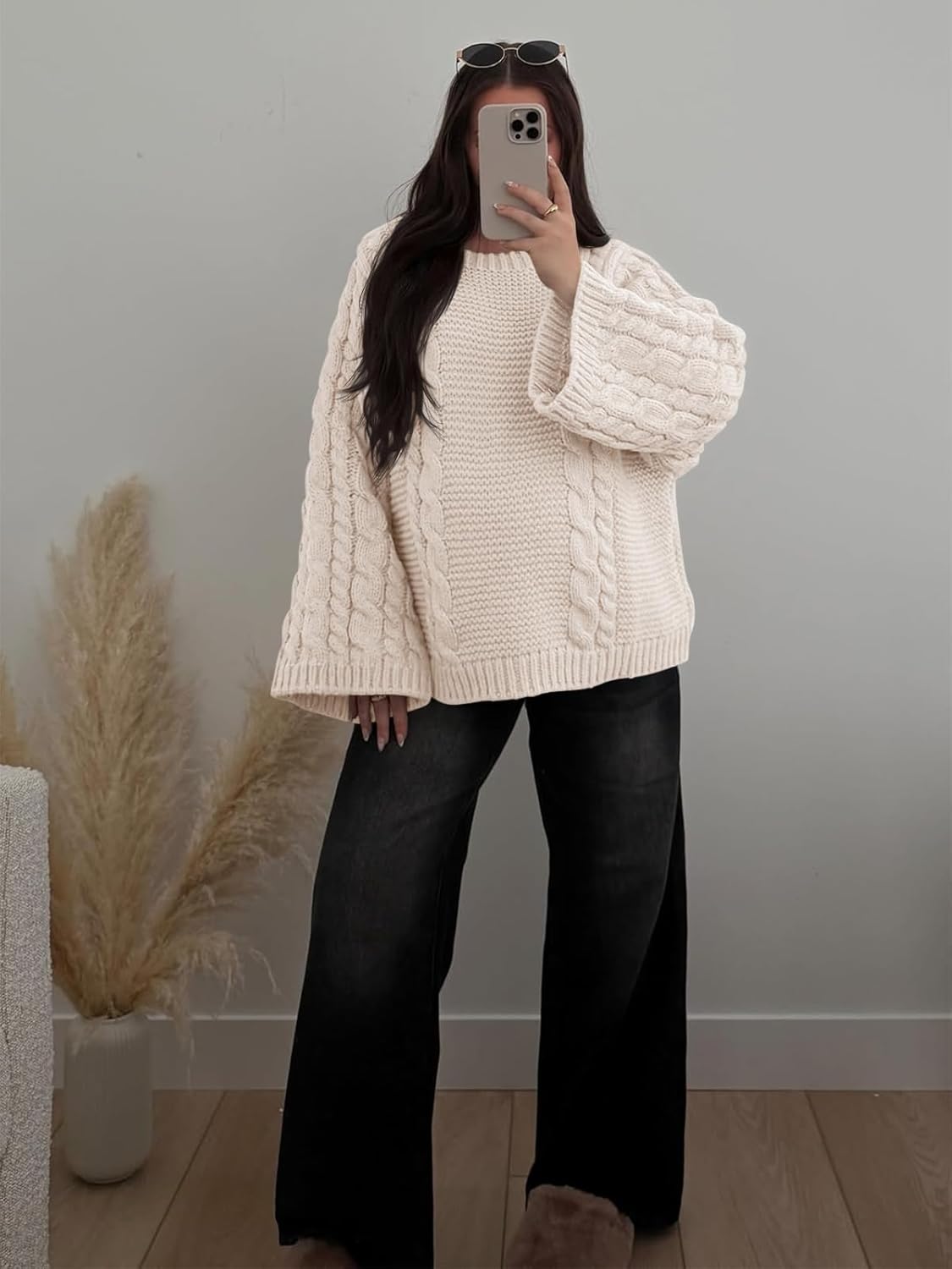 Yousify Womens Oversized Cable Knit Sweaters Long Sleeve Crewneck Casual Fall Chunky Pullover Vintage Loose Fit Sweater Tops - Image 6