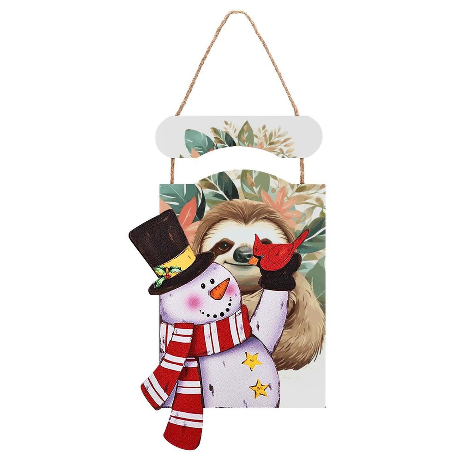 Cute Sloth Leaves Snowman Sign Wooden Hanging Door Sign Christmas Door Decor Christmas Snowman Wooden Hanging Sign Wall Art for Indoor Outdoor Porch Wall