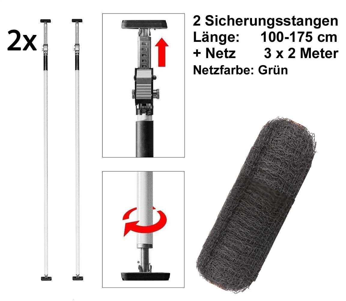 ALLEGRA Katzennetz (2 Stangen á 1m-1,75m + Netz 3x2m, Netz Geknotet Grün)