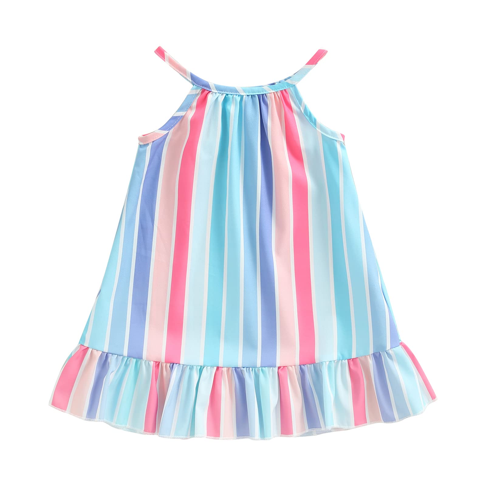 KMBANGI Kid Toddler Baby Girl Summer Dress Sleeveless Spaghetti Strap Striped Ruffle Trim Beach Dresses (Blue Purple, 2-3 Years)