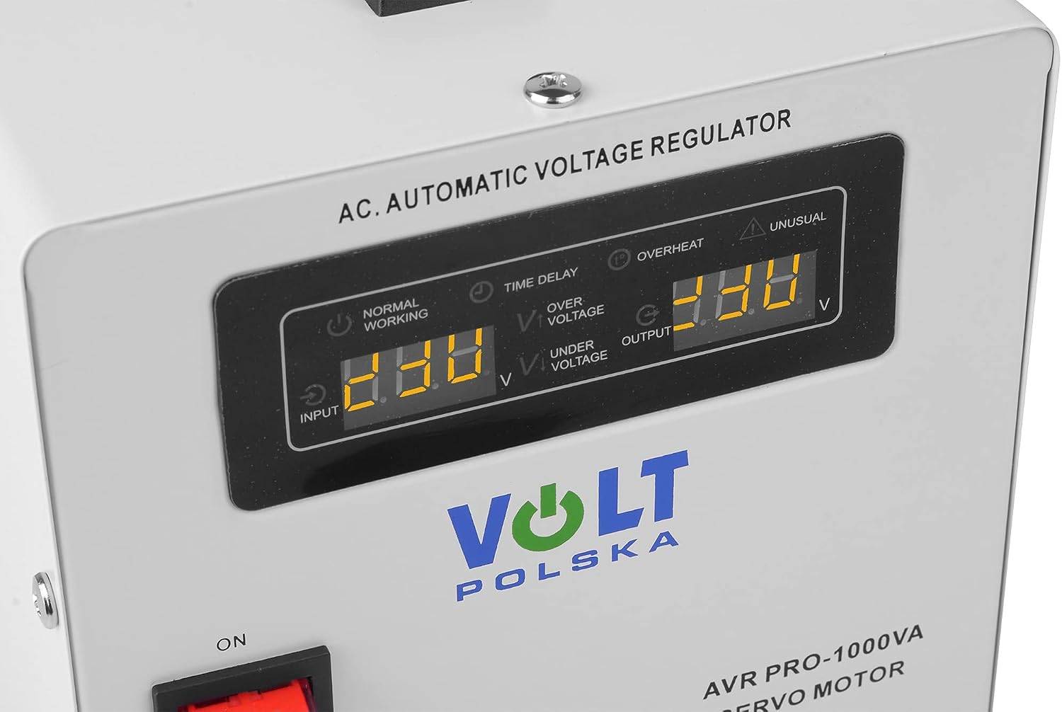 Close-up of the digital display and indicator lights on the Volt Polska AVR Pro 1000VA Stabilizer
