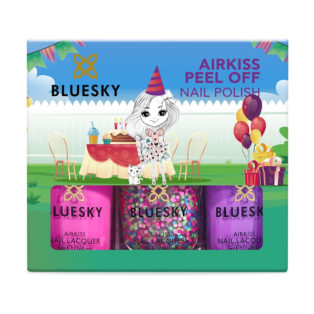 BLUESKY Zestaw Lakierów do Paznokci dla Dzieci, Kolekcja Czasu Imprezowego, Różowy, Fioletowy, Konfetti Brokat, Łatwy Peel-Off, Nietoksyczny, na Bazie Wody, 3 x 5 ml, Naklejki