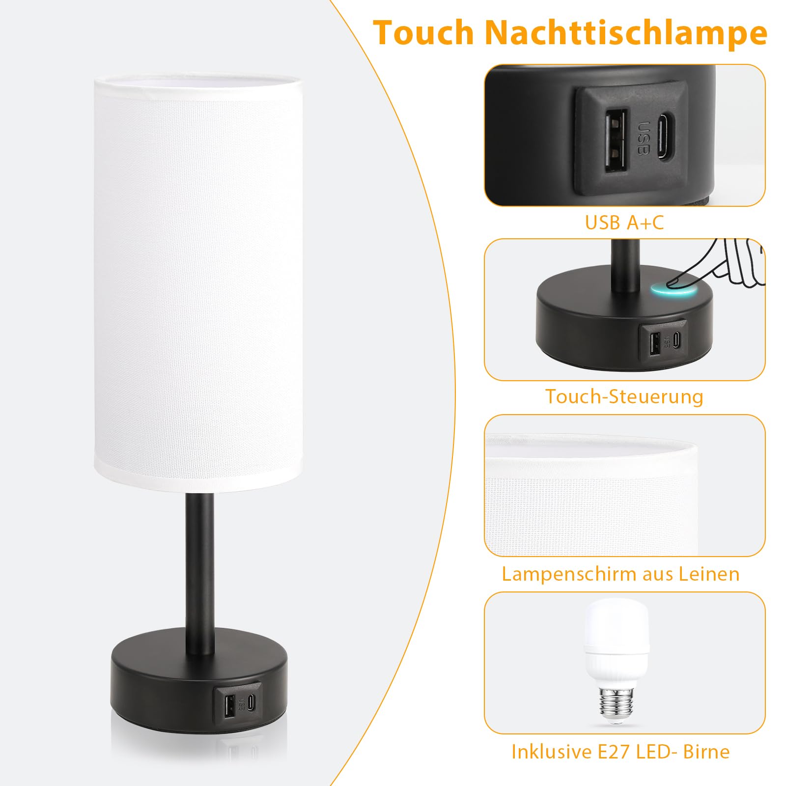 Nachttischlampe Touch Dimmbar, Tischlampe mit USB A+C Ladefunktion, Lampenschirm aus Leinenstoff, Touch Lampe für Nachttisch Wohnzimmer Schlafzimmer Kinderzimmer Büro(Inklusive Birne)
