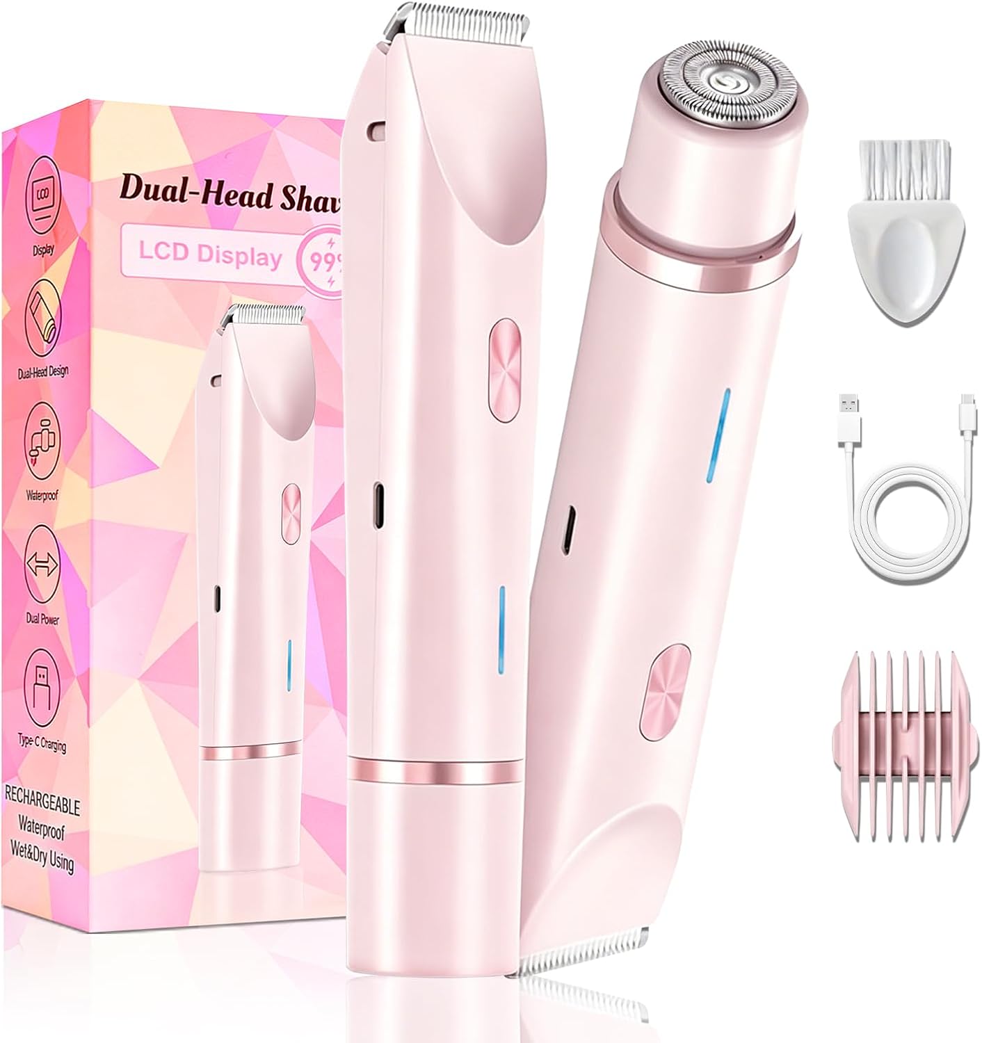 2 in 1 Bikini Trimmer for Women – Pink Electric Razor, IPX7 Waterproof Wet & Dry Use, USB Rechargeable Dual Head Shaver for Pubic Hair, Face, Legs & Underarm