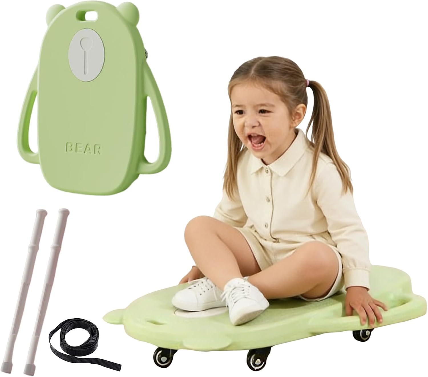 Indoor Scooter Board for Kids, Floor Scooters for Autism Sensory Training, Gym Scooters with Handle and Silent Casters, Butt Scooter Roller Board for Elementary School,Khaki + Paddle