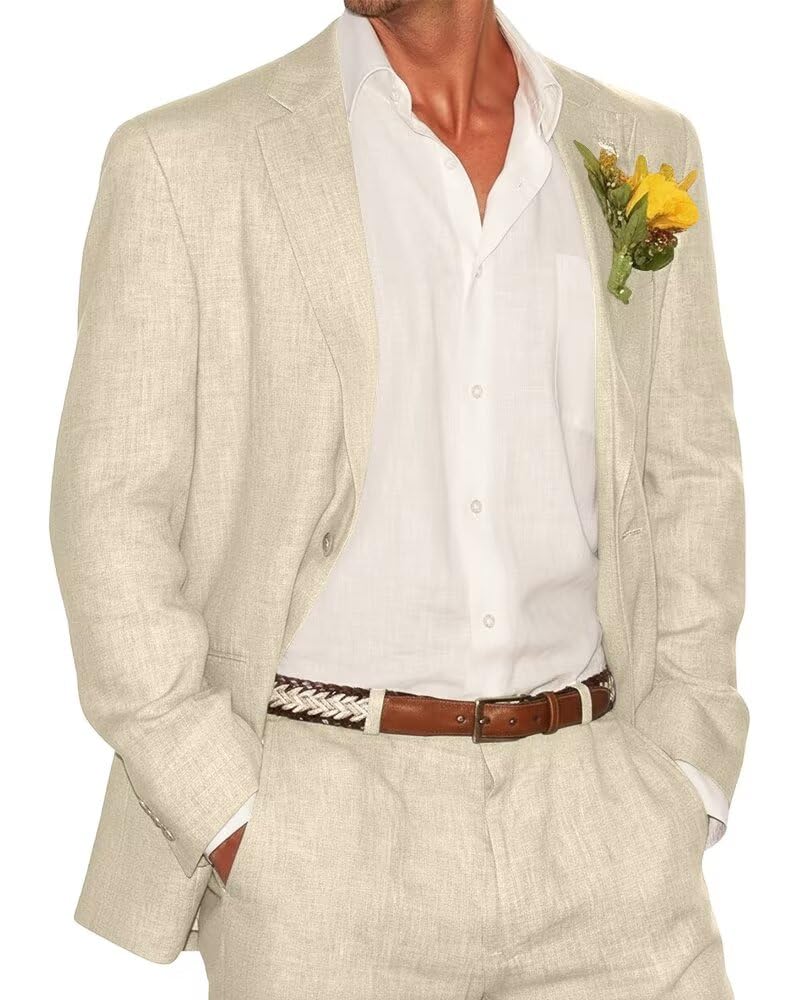 Bofan 2 Piece Linen Suits for Men Slim Fit Casual Beach Wedding Summer Grooms Groomsmen Linen Blazer Pants Suit