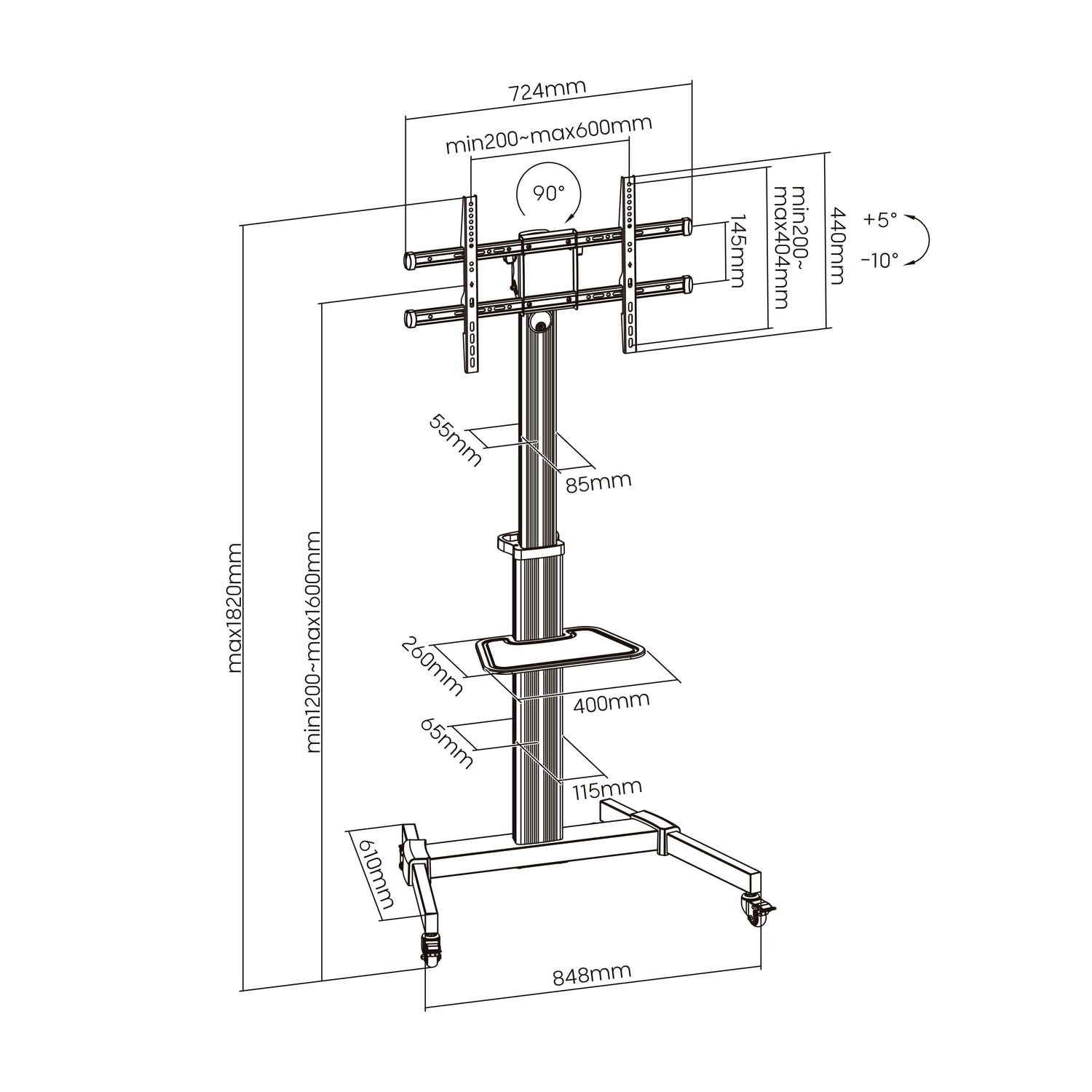 AISENS - FT86TRE-197 - Supporto da pavimento con ruota, vassoio per DVD per monitor/TV 50 kg di 37-86, nero-argento