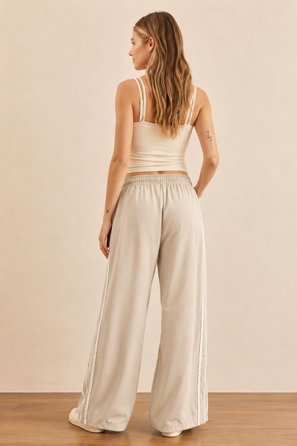 Lviefent Womens Wide Leg Sweatpants Casual Drawstring Waist Side Strip Lace Trim Track Pants Trousers with Pockets