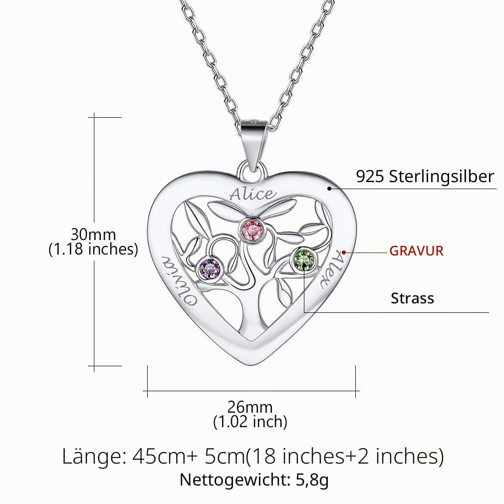 Custom4U Edelstahl/S925 Silber Lebensbaum Namen Halskette mit 2-7 Namen und Geburtsstein，Namenskette Stammbaum zu Gravur Familienkette Mit Geburtsstein Familienbaum Halskette Halskette