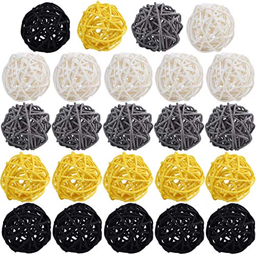 STMK 24 Pcs 2 Inch Rattan Balls Decorations, Wicker Balls Decorative for Home Decor DIY Vase Bowl Filler Ornament Baby Room Nursery Décor Wedding Table Decoration (Black, Grey, Yellow, White)