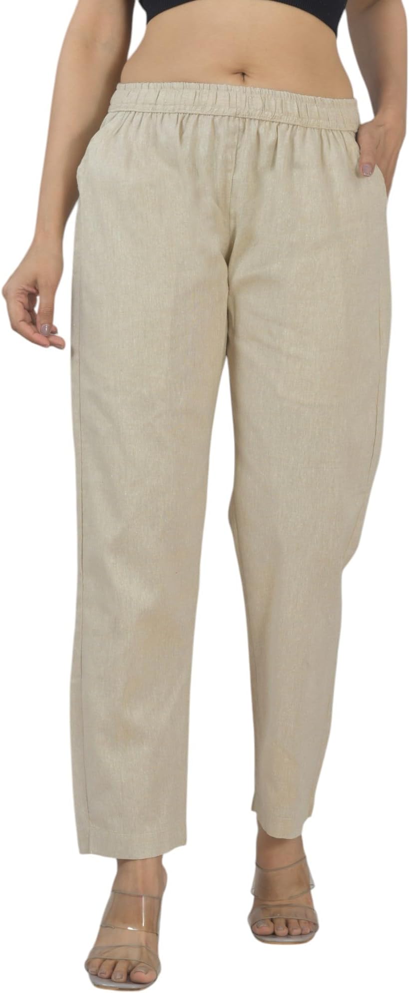 Women's Cotton Linen Pants, Regular Fit, Fully Elasticated, 2 Side Pockets