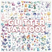 Qpout 21 Sheets Glitter Temporary Tattoos for Kids,Waterproof Butterfly Mermaid Fairy Fake Tattoo Stickers for Girls Princess Birthday Party Favors Goodie Bag Stuffers Filler