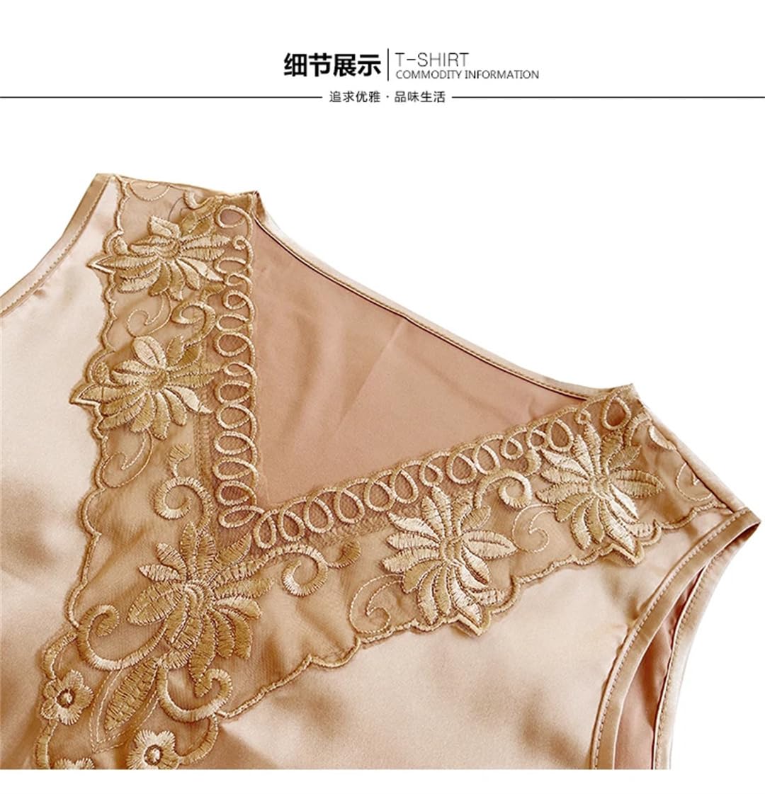 Canottiera estiva da donna in pizzo ricamato, senza maniche, in raso, scollo a V, casual