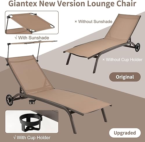 Miniatura 5 de Giantex Tumbona para exteriores, silla de bronceado con sombrilla y ruedas lisas, posición ajustable de 6 niveles, soporte para tazas, marco de