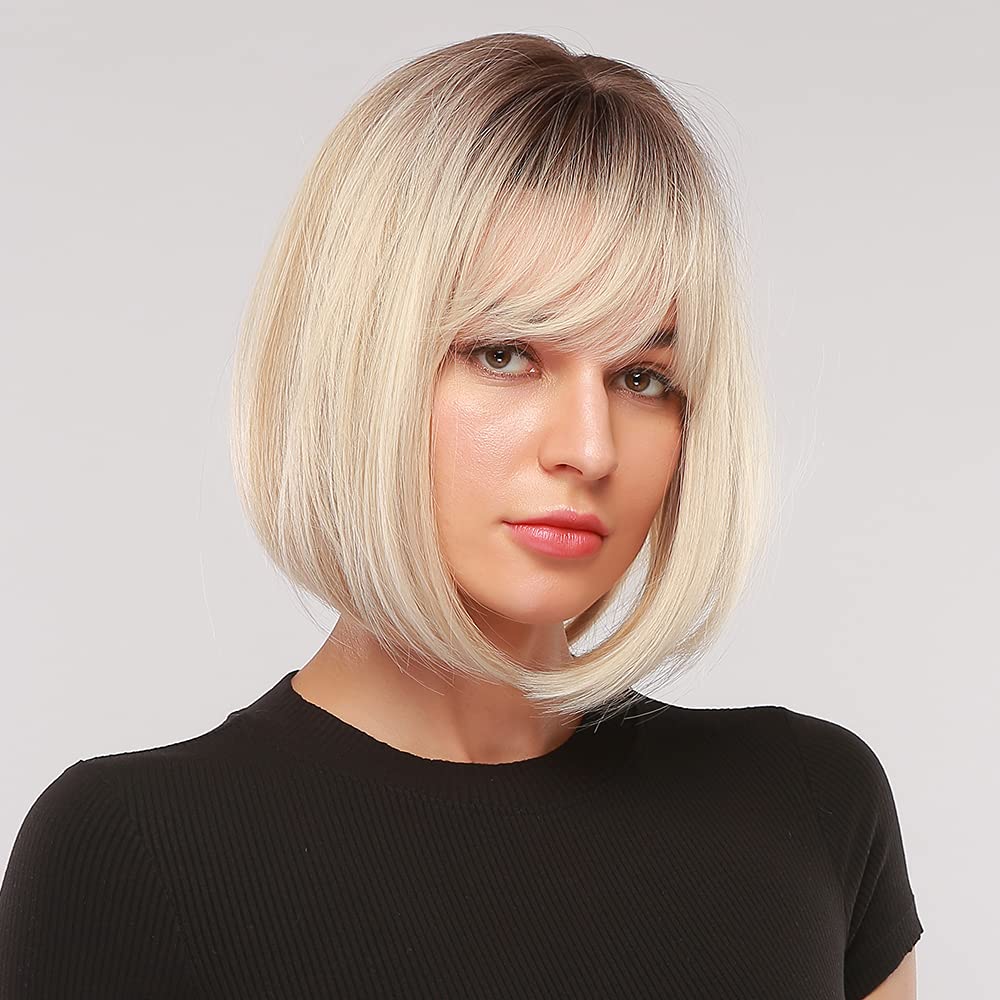 ISHINE Bob Wig with Bangs, Short Omber Platinum Blonde Bob Wigs for