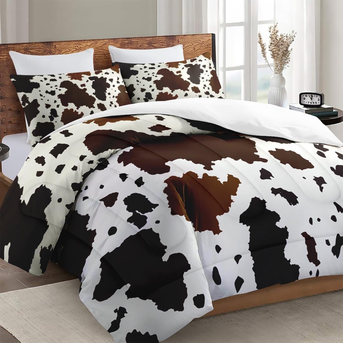 Queen Size Comforter Set with 2 Pillowcases, Vintage Cow Brown Cowhide Animal Soft 3 Pcs Bedding for Kids and Adults Bedroom Bed Decor - Image 3
