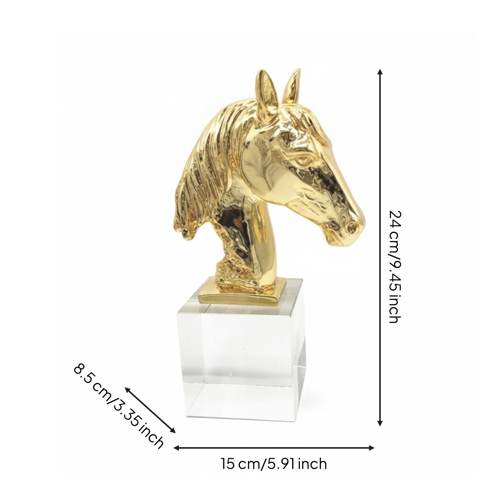 F Fityle Estatua de Caballo en Resina Cabeza de Caballo Escultura Figura Adorno con Base de Cubo Transparente de Cristal y Diseño Artístico Moderno Adecuada, Dorado