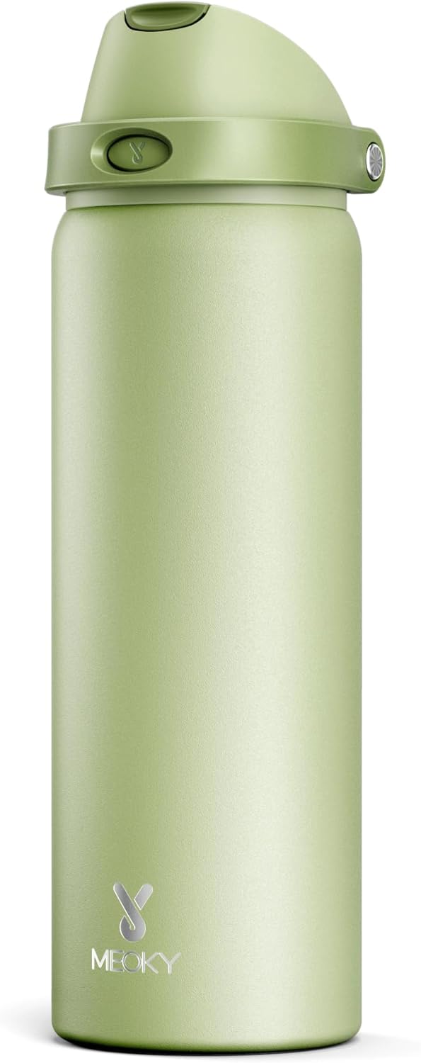 32 oz Insulated Water Bottle with Straw: Meoky Stainless Steel Metal Water Bottle with 2-in-1 Lid - Leak Proof, Cold for 24 Hours, Protective Silicone Base, BPA-Free for Sports Gym, Sage