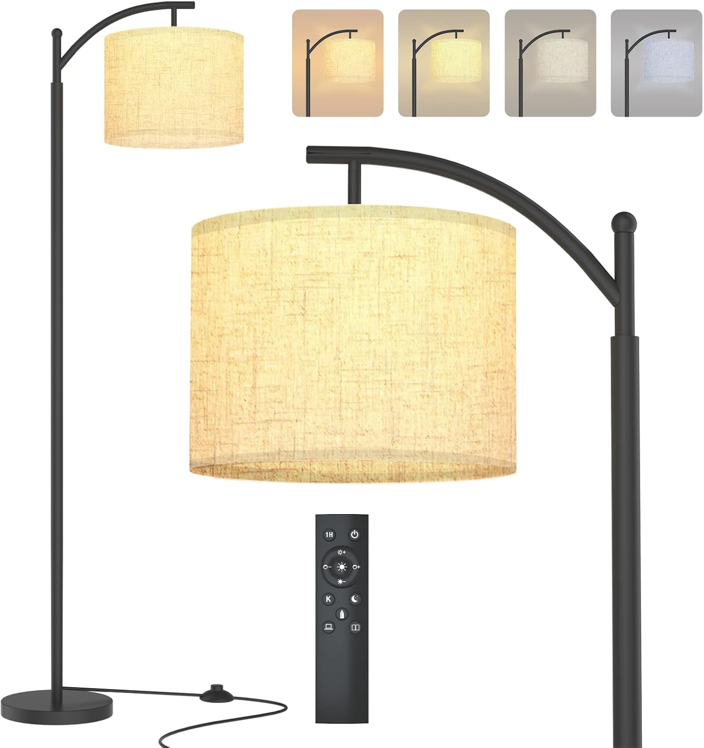 PESRAE Floor Lamp for Living Room, Arc LED Floor Lamp with Remote Control, 4 Color Temperature LED Bulb Included, Tall Industrial Standing lamp with Linen Lampshade for Bedroom, Black