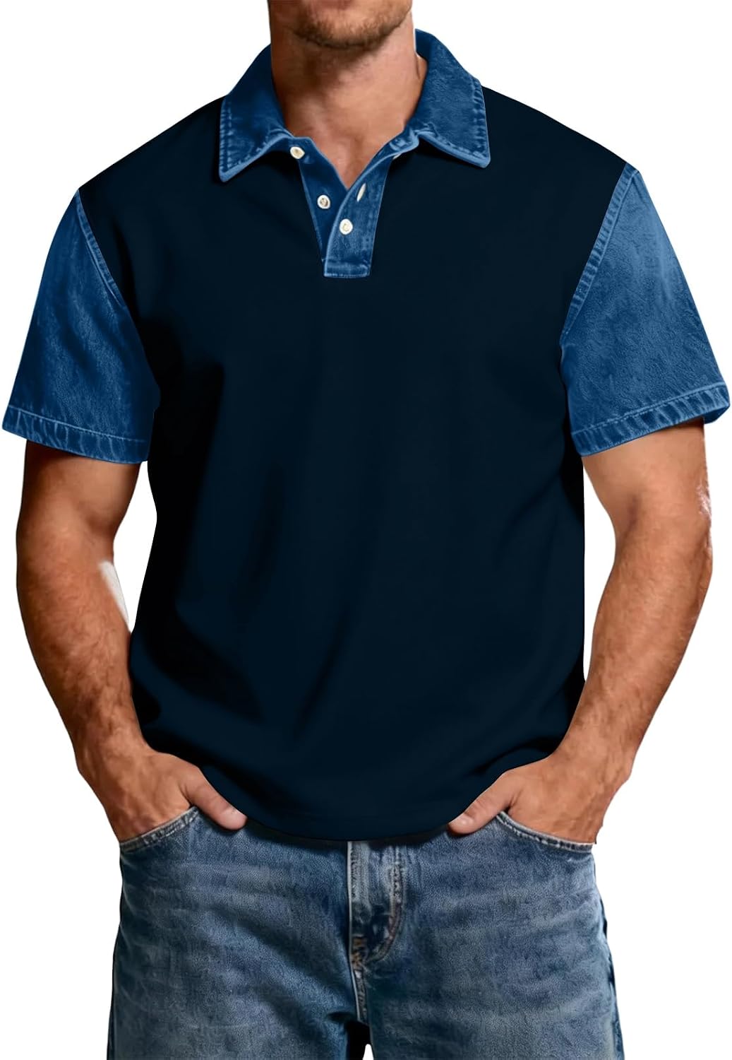 Ymosrh Men's Summer Polo Shirt Short Sleeve Color Block Causal Denim Collar Shirts, S-3XL