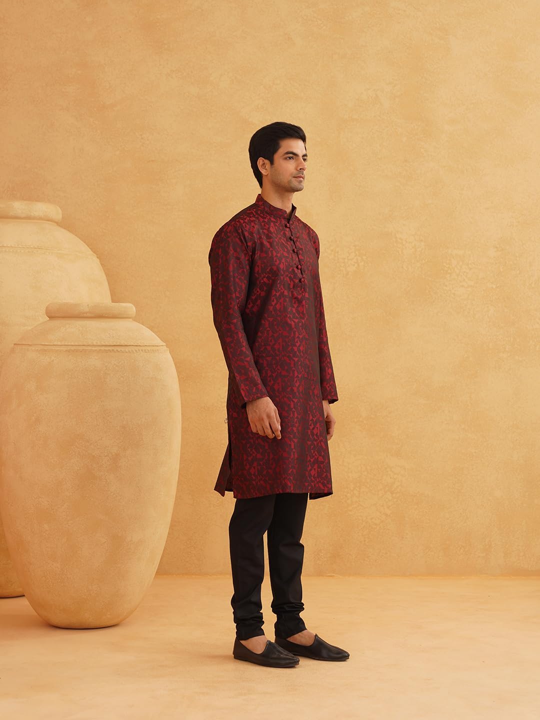 Size large 44 Color red Sojanya (Since 1958 Men'S Jackquard Silk Only Long Kurta