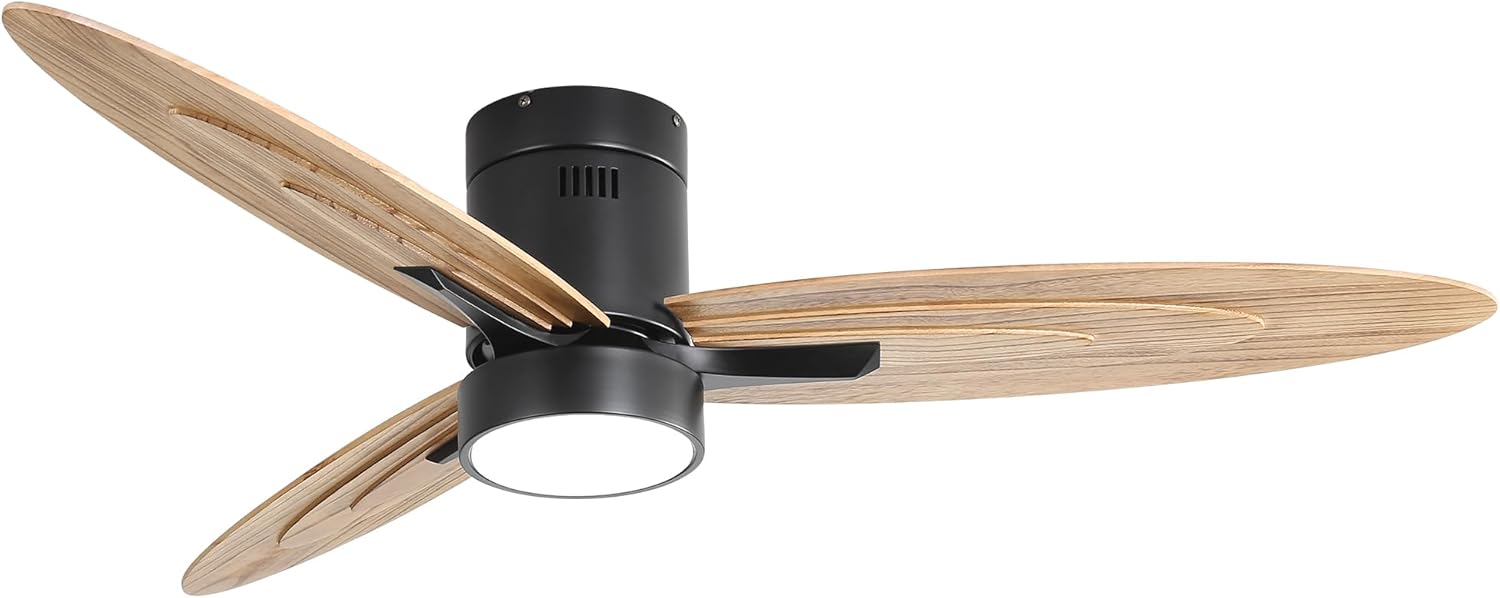 56 Inch Modern Design Flush Mount Ceiling Fan with Light and Remote Control, 3 Solid Wood Blades Reversible DC Motor Black for Living Room