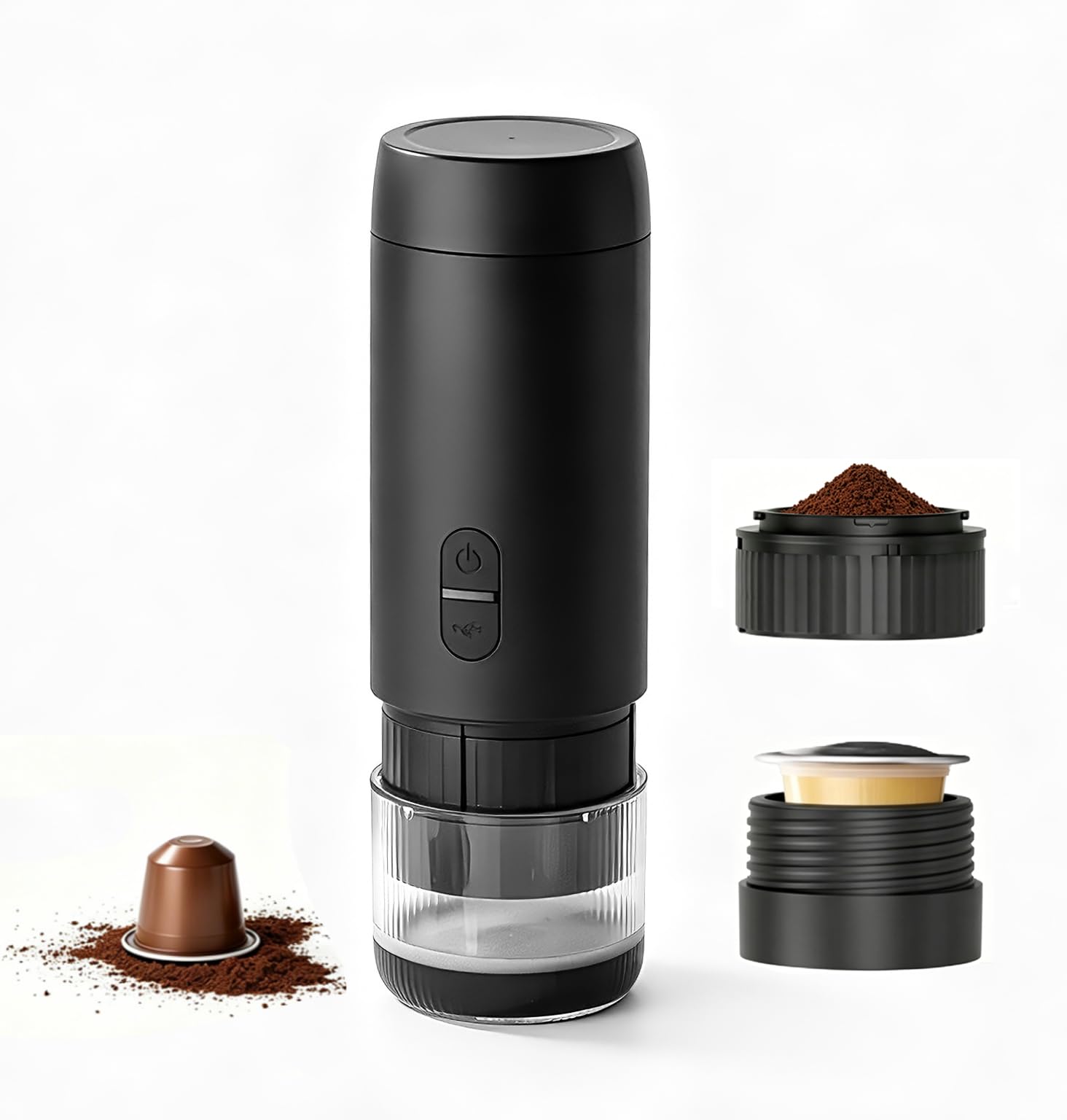 Cafetera espresso eléctrica portátil, para café molido y cápsulas | Cafetera de viaje 2 en 1, presión 20 bares, recarga USB-C, diseño compacto, para camping, coche y picnic