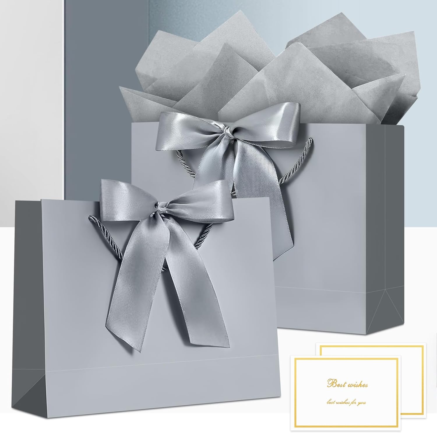 YoungTree 2PCS Medium Gift Bags with Ribbon and 2 Greeting Cards 4 Tissue Papers, Paper Birthday Gift Bags with Handles, Present Bags for Valentines Day Wedding Baby Shower Party Supplies (Silver) - Image 2