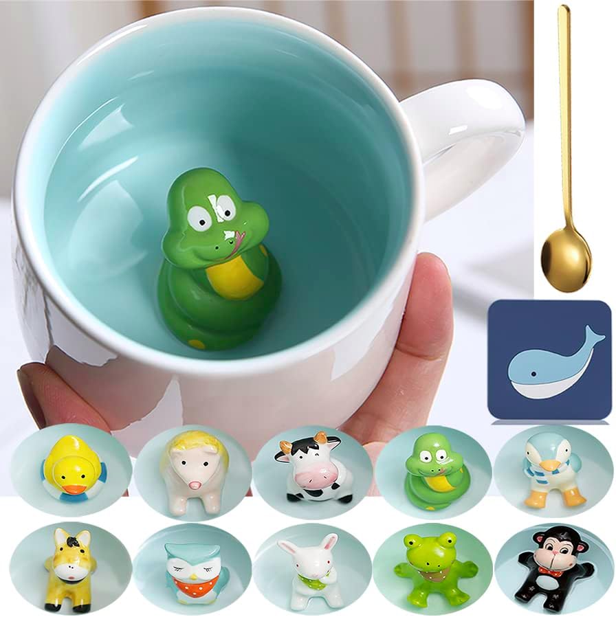 Arawat Kubek z sową 3D, ceramiczny kubek do herbaty z motywem zwierzęcym, 350 ml, z łyżeczką i podstawką, słodki kubek do kawy na Boże Narodzenie, prezent urodzinowy dla chłopaka, dziewczyny